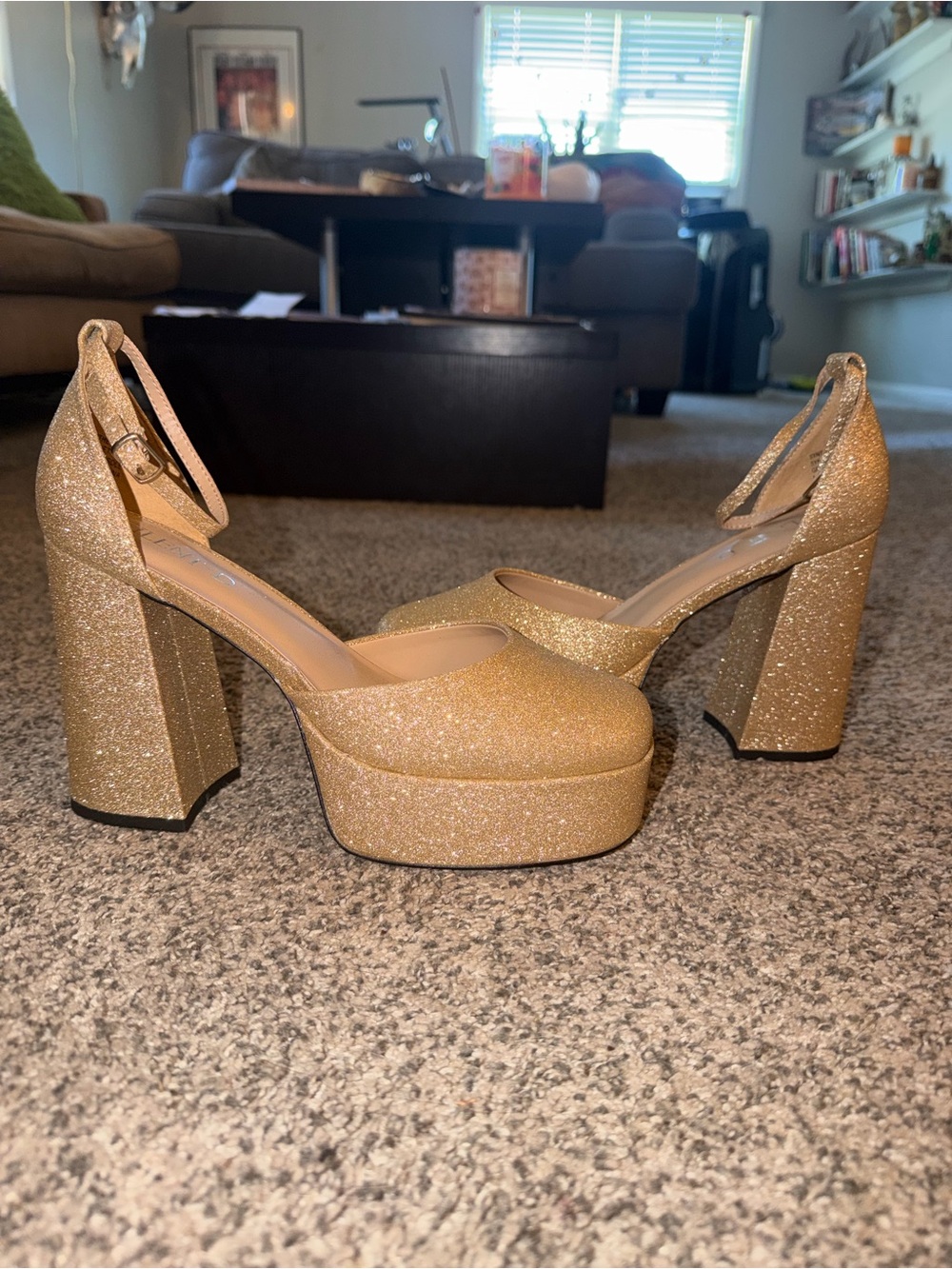 Glitter Platform Block Heel Sandals with Ankle Strap - Gold